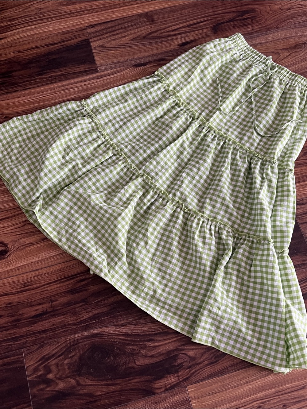 Light Green Gingham Tiered Maxi Skirt - Women's